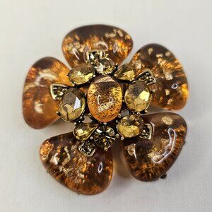 Gold Tone Flower Yellow Glass Cabochon Brooch Unmarked Pin